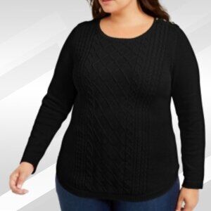 2/$50 Charter Club Plus 0X Black Ribbed Trim Crewneck Sweater